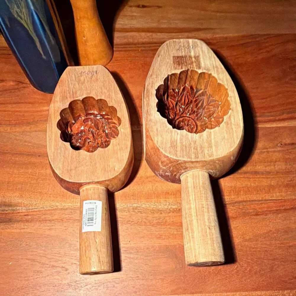 PHUONG HA Wooden Mooncake Mold Set 2pc Handcarved Vietnamese
